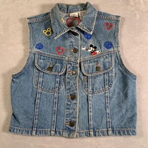 Vintage Disney Store Vest Womens XS Blue Denim Embroidered Mickey Peace Love 90s